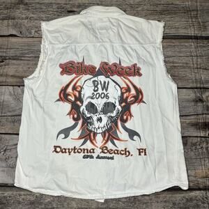VTG Biker Design White Denim Sleeveless Bike Week 2006 Daytona Beach Mens Large